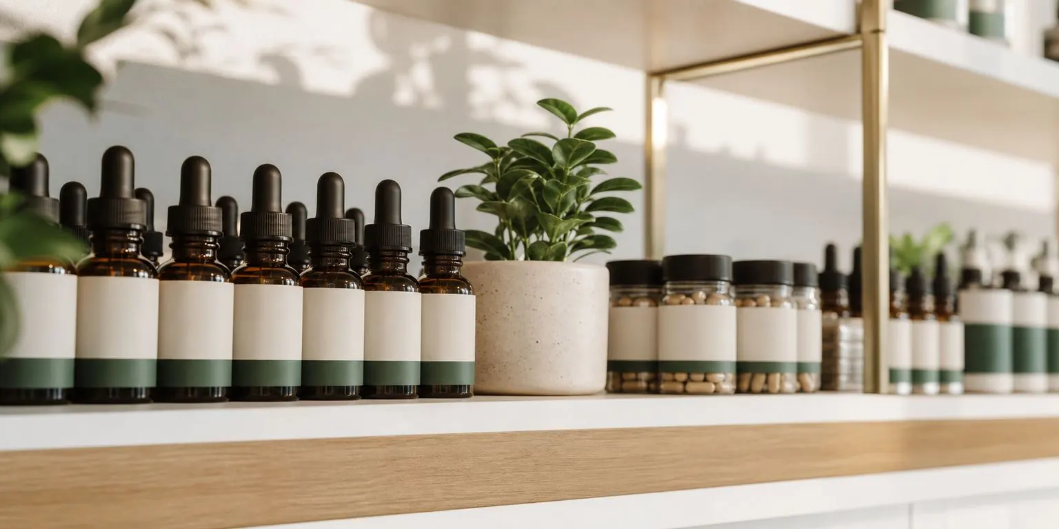 Close-up of tincture and capsule products on a clean white shelf
